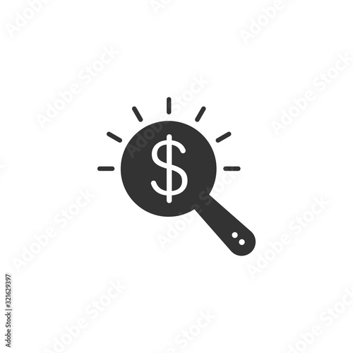 Magnifier glass with money icon in flat style. Dollar search vector illustration on white isolated background. Financial currency business concept.