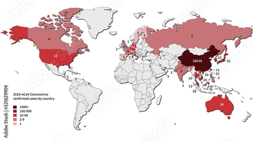 2019-nCoV. China pathogen respiratory coronavirus 2019-nCoV. Flat world vector map with infographics of number of Coronavirus cases.