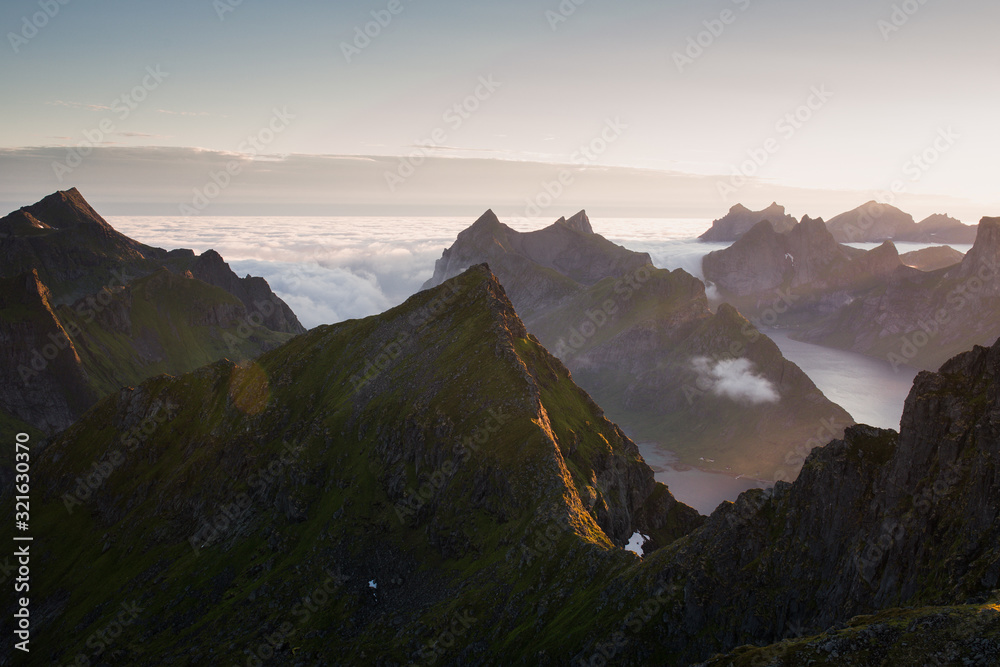 Mountain landscape view from Lofoten Islands, Norway. Morning view from tent from the summit.