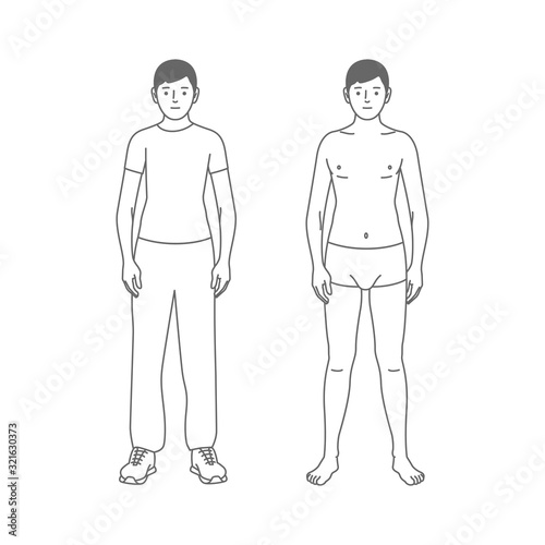 Young man in sportswear and underwear. Line art simple illustration.