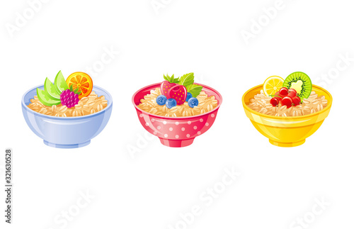 Oats bowl. Oatmeal breakfast cup, oat grain porridge with fruit berry. 3d realistic icon. Cartoon style muesli, flake. Healthy sweet food design. Vector illustration isolated on white background