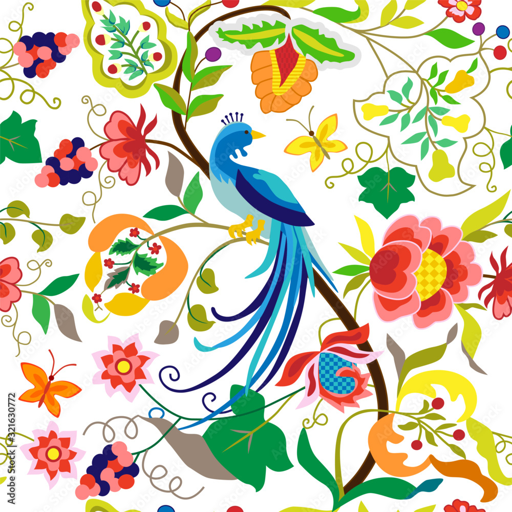 Fototapeta premium Peacock seamless pattern in vintage style, isolated on white background. Vector print with ethnic blue bird and flowers, leaf, grape branches. Folk fashionable stylish element for textile