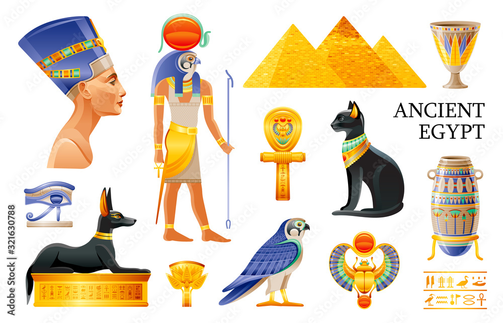 Ancient Egypt icon set. 3d Ra sun God, Nefertiti, Cleopatra queen, pharaoh pyramid, lotus vase, eye,