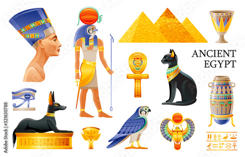 Ancient Egypt icon set. 3d Ra sun God, Nefertiti, Cleopatra queen, pharaoh pyramid, lotus vase, eye, scarab, Bastet cat, ankh coptic cross, Horus falcon, Anubis dog tomb. Cartoon Vector Egypt old art