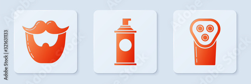 Set Shaving gel foam, Mustache and beard and Electrical hair clipper or shaver. White square button. Vector