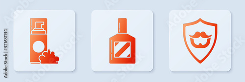 Set Aftershave, Shaving gel foam and Mustache and beard on shield. White square button. Vector