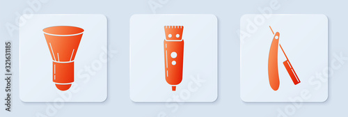 Set Electrical hair clipper or shaver, Shaving brush and Straight razor. White square button. Vector