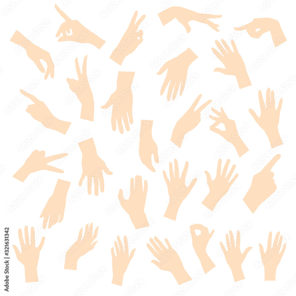 Set of vector silhouettes of men and women hands, various gestures, beige color, isolated on a white background