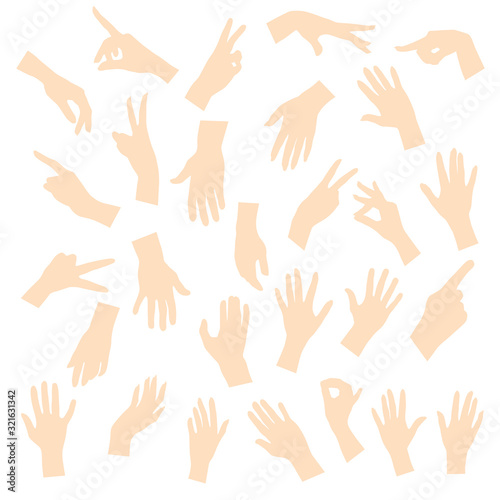 Set of vector silhouettes of men and women hands, various gestures, beige color, isolated on a white background