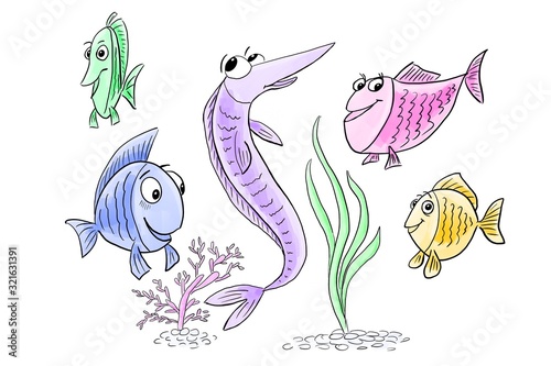 Five colored cartoon fishes isolated on white background