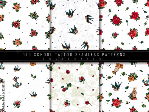 Old school traditional tattoo seamless pattern set