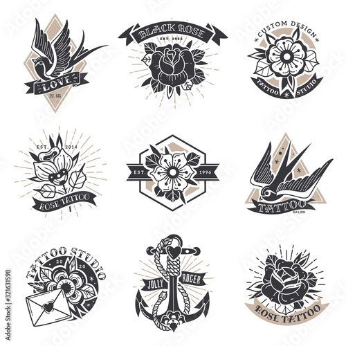 Old school traditional tattoo emblems set