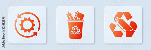 Set Recycle bin with recycle symbol, Solar energy panel and Recycling plastic bottle. White square button. Vector