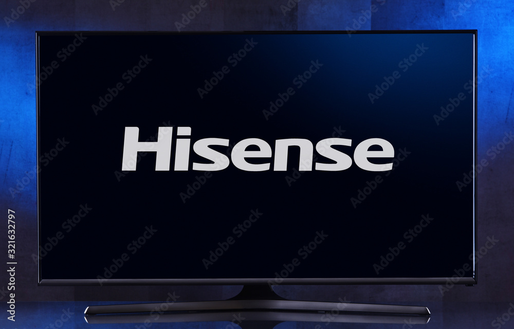 Flat-screen TV set displaying logo of Hisense Stock Photo | Adobe Stock