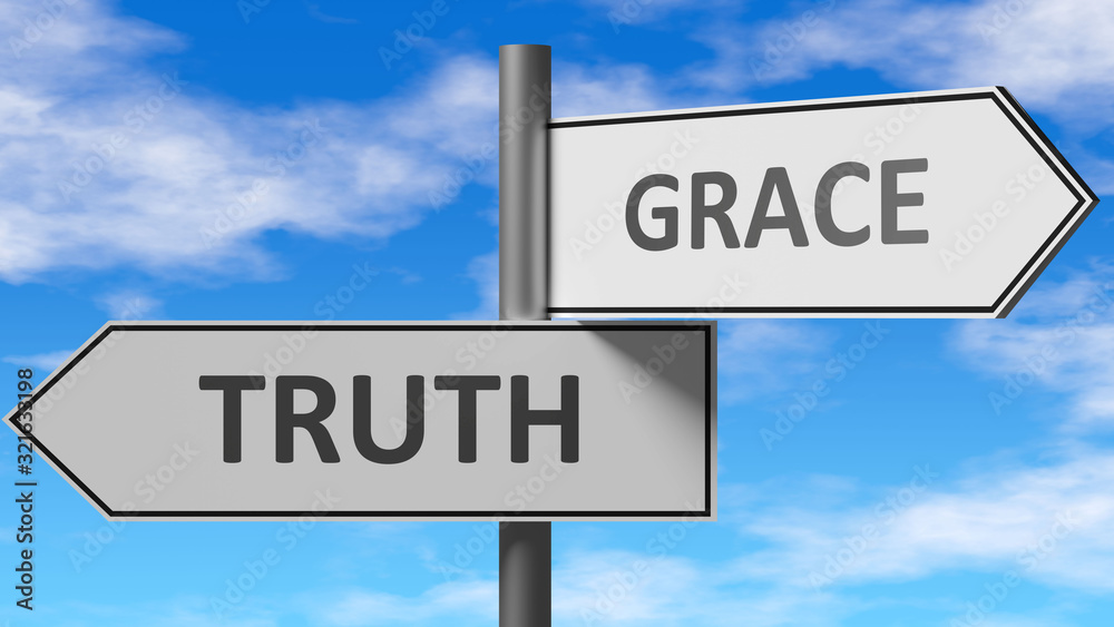 Fototapeta premium Truth and grace as a choice - pictured as words Truth, grace on road signs to show that when a person makes decision he can choose either Truth or grace as an option, 3d illustration