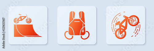 Set Parachute, Bicycle on street ramp and Bicycle trick. White square button. Vector