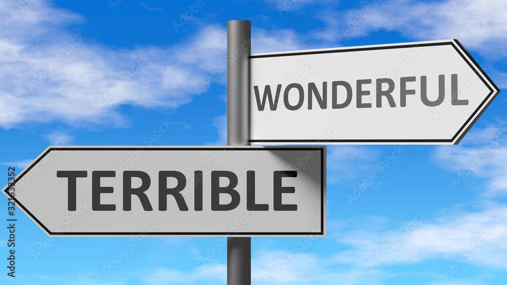 Terrible and wonderful as a choice, pictured as words Terrible, wonderful on road signs to show that when a person makes decision he can choose either option, 3d illustration Terrible and wonderful as a choice, pictured as words Terrible, wonderful on road signs to show that when a person makes decision he can choose either option, 3d illustration