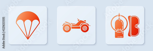 Set All Terrain Vehicle or ATV motorcycle, Parachute and Diving mask and aqualung. White square button. Vector