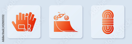 Set Bicycle on street ramp, Gloves and Climber rope. White square button. Vector