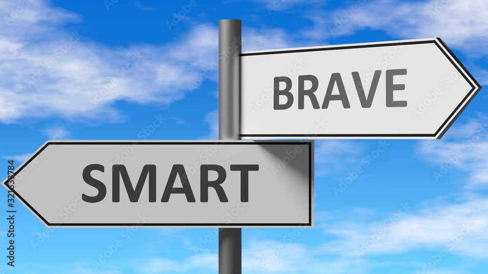 Obraz premium Smart and brave as a choice - pictured as words Smart, brave on road signs to show that when a person makes decision he can choose either Smart or brave as an option, 3d illustration