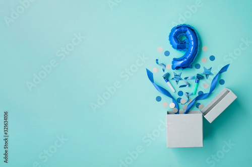 Canvas Print Number 9 birthday balloon celebration gift box lay flat explosion