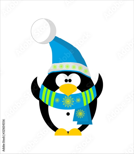 Penguin in winter clothes, hat and scarf 