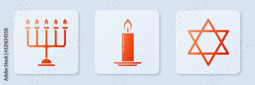 Set Burning candle in candlestick, Hanukkah menorah and Star of David. White square button. Vector