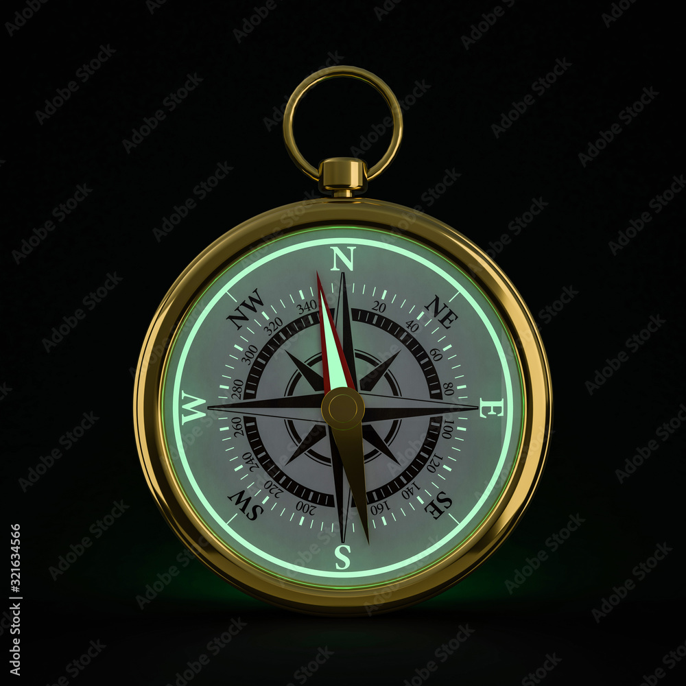 Vintage compass isolated on black background. 3D