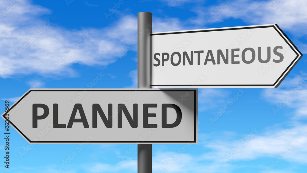 Planned and spontaneous as a choice, pictured as words Planned, spontaneous on road signs to show that when a person makes decision he can choose either option, 3d illustration Planned and spontaneous as a choice, pictured as words Planned, spontaneous on road signs to show that when a person makes decision he can choose either option, 3d illustration