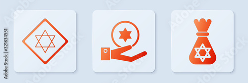 Set Jewish coin on hand, Star of David and Jewish money bag with star of david. White square button. Vector