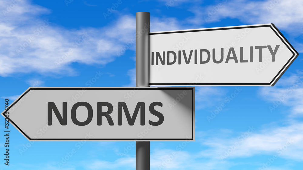 Obraz premium Norms and individuality as a choice, pictured as words Norms, individuality on road signs to show that when a person makes decision he can choose either option, 3d illustration