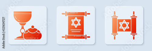 Set Torah scroll, Jewish goblet and hanukkah sufganiyot and Torah scroll. White square button. Vector photo