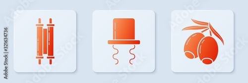 Set Orthodox jewish hat with sidelocks, Torah scroll and Olives branch. White square button. Vector