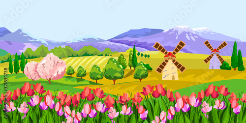 Vector spring background. Dutch landscape with tulip field, trees, hills, mills. Floral horizontal banner in hand drawn cartoon style. For posters, advertisements for tourists, wallpapers, landing pag
