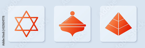 Set Hanukkah dreidel, Star of David and Egypt pyramids. White square button. Vector