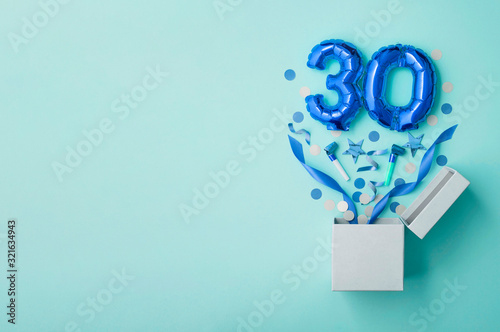 Photography Number 30 birthday balloon celebration gift box lay flat explosion