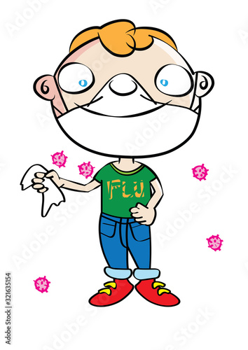 funny cute white boy with flu mask disease prevention cartoon