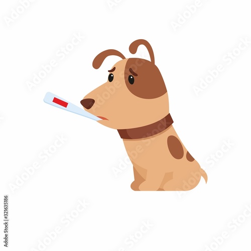 Sick puppy with thermometer sitting flat vector illustration. Sad dog with high temperature cartoon character. Fever, influenza symptom. Pet with cold isolated on white