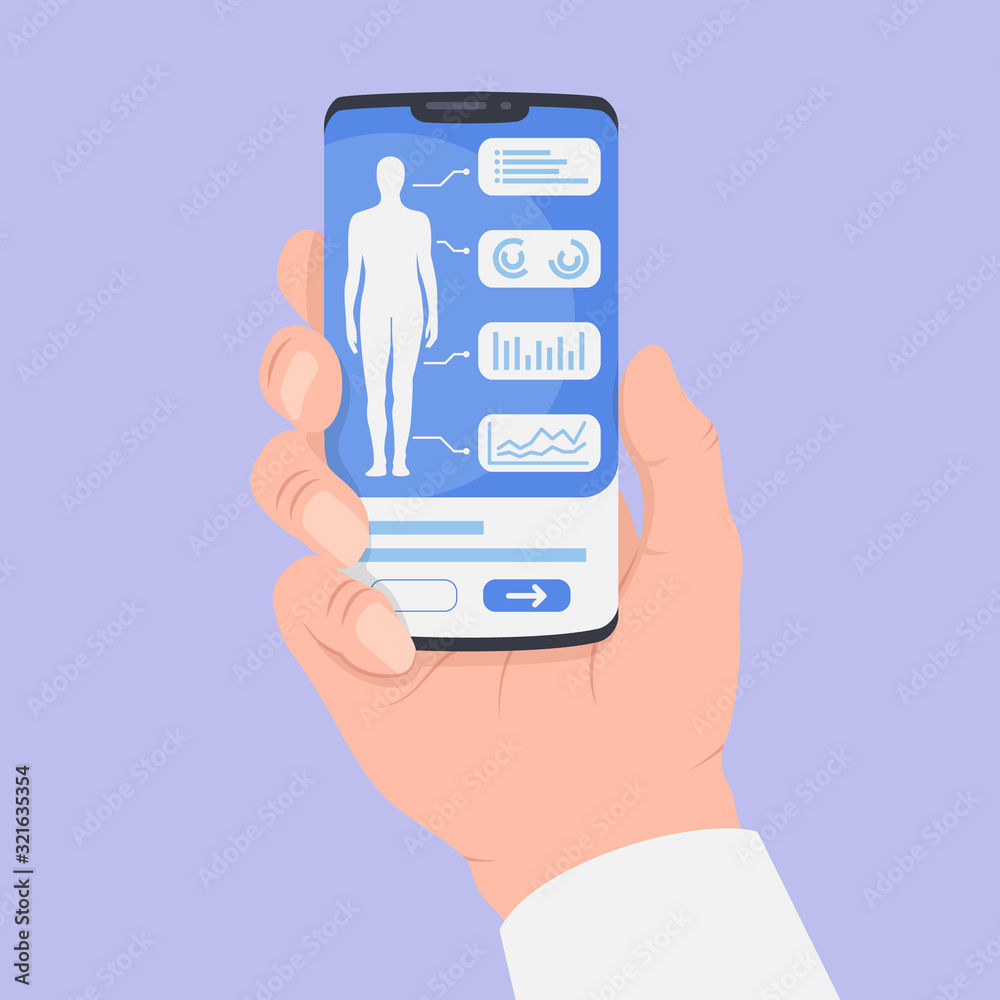 hand hold medical smartphone apps with human body data reports analysis data with flat style