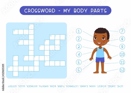 My body parts crossword flat vector template. Learning human anatomy kids puzzle; cute worksheet; educational game with little girl cartoon character. English cross word with external organs names