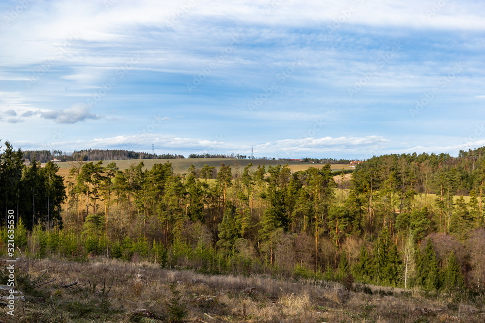 Early spring landscape in South Bohemia. Green field and forest. Blue sky. Early spring landscape in South Bohemia. Green field and forest. Blue sky.
