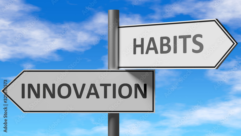Innovation and habits as a choice - pictured as words Innovation, habits on road signs to show that when a person makes decision he can choose either Innovation or habits as an option, 3d illustration Innovation and habits as a choice - pictured as words Innovation, habits on road signs to show that when a person makes decision he can choose either Innovation or habits as an option, 3d illustration