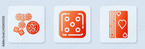 Set Game dice, Casino chips, game dice and glass of whiskey with ice cubes and Deck of playing cards. White square button. Vector