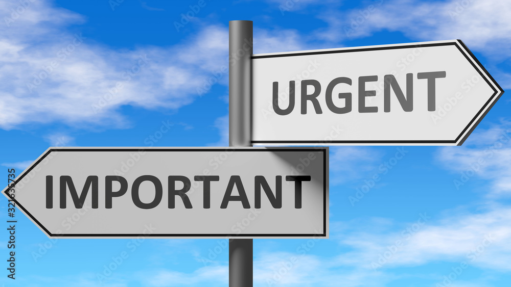 Important and urgent as a choice - pictured as words Important, urgent on road signs to show that when a person makes decision he can choose either Important or urgent as an option, 3d illustration Important and urgent as a choice - pictured as words Important, urgent on road signs to show that when a person makes decision he can choose either Important or urgent as an option, 3d illustration