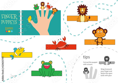 5 finger puppet vector animals. Cut and glue educational worksheet for preschool or school kids