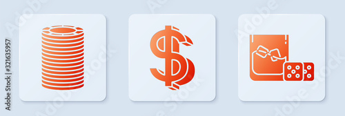 Set Dollar symbol, Casino chips and Game dice and glass of whiskey with ice cubes. White square button. Vector