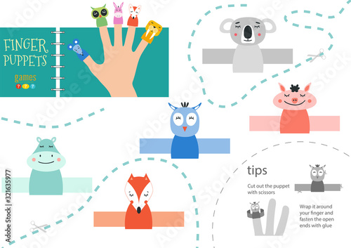 Finger puppet vector animals. Cut and glue educational worksheet for preschool or school kids