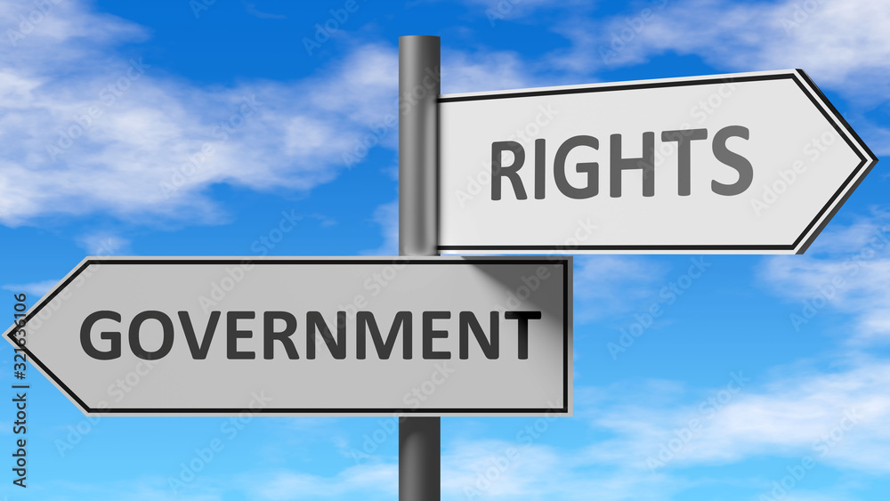 Government and rights as a choice - pictured as words Government, rights on road signs to show that when a person makes decision he can choose either Government or rights as an option, 3d illustration Government and rights as a choice - pictured as words Government, rights on road signs to show that when a person makes decision he can choose either Government or rights as an option, 3d illustration