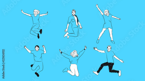 several happy people jumping simple hand drawn design style minimal vector illustration