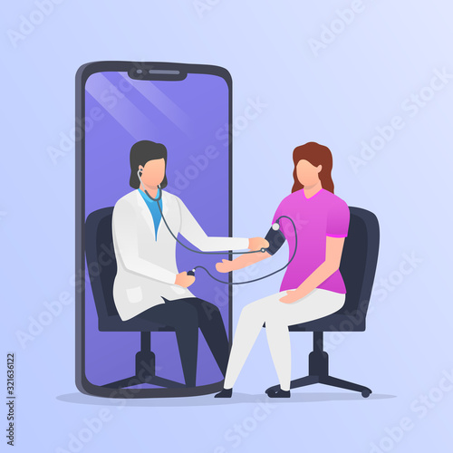 doctor consultation with sthethoscope and online check medical record with smartphone app photo